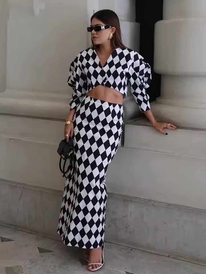 Elegant Crop Shirt With High Waist Long Skirt Loose Print Two Pieces Set Mssza