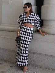 Elegant Crop Shirt With High Waist Long Skirt Loose Print Two Pieces Set Mssza