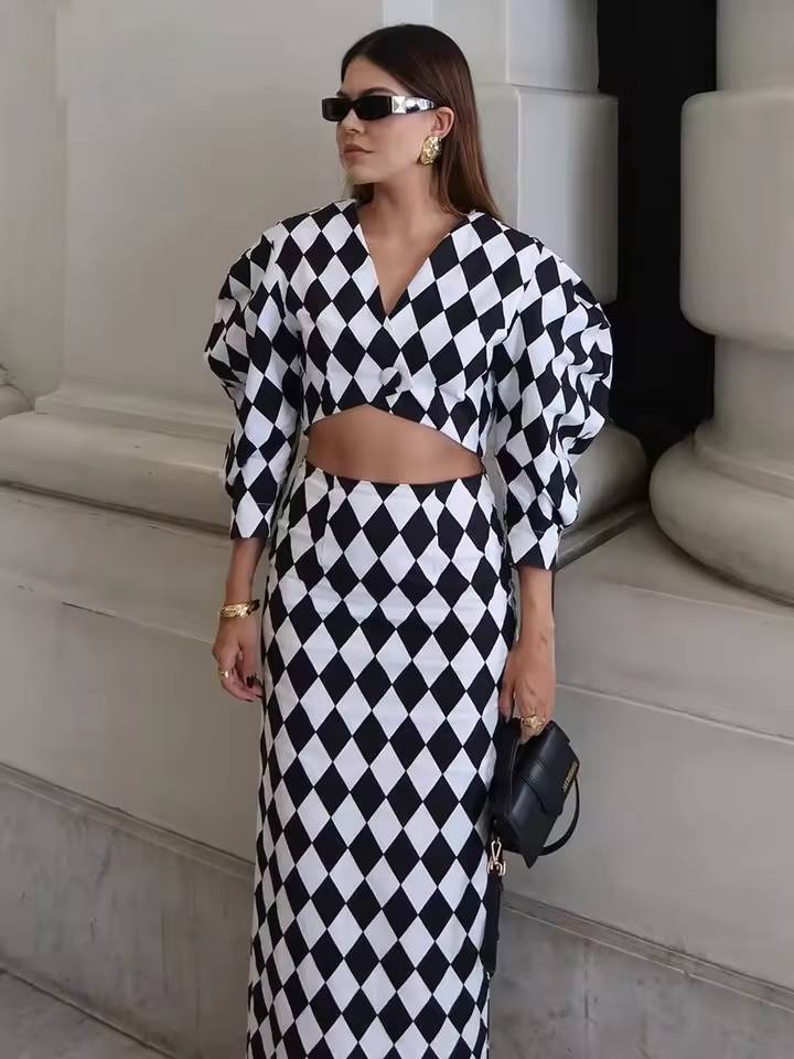 Elegant Crop Shirt With High Waist Long Skirt Loose Print Two Pieces Set Mssza