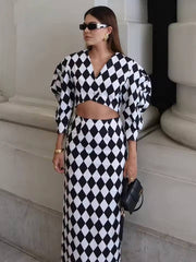 Elegant Crop Shirt With High Waist Long Skirt Loose Print Two Pieces Set Mssza