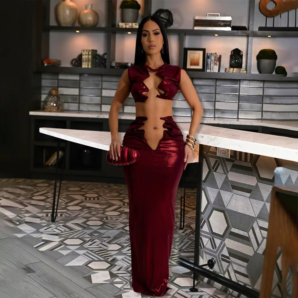 Elegant Crop Tank Tops And Long Skirts Irregular Cutout 2 Piece Sets Mssza