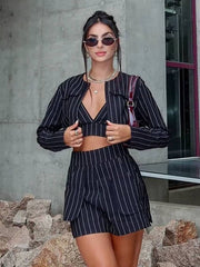 Elegant Crop Top Bra With High Waist Shorts Loose Stripe Print 3 Piece Sets Mssza