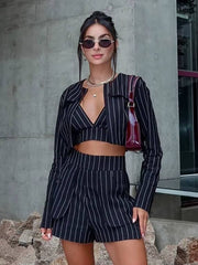 Elegant Crop Top Bra With High Waist Shorts Loose Stripe Print 3 Piece Sets Mssza