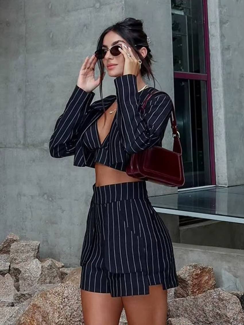 Elegant Crop Top Bra With High Waist Shorts Loose Stripe Print 3 Piece Sets Mssza