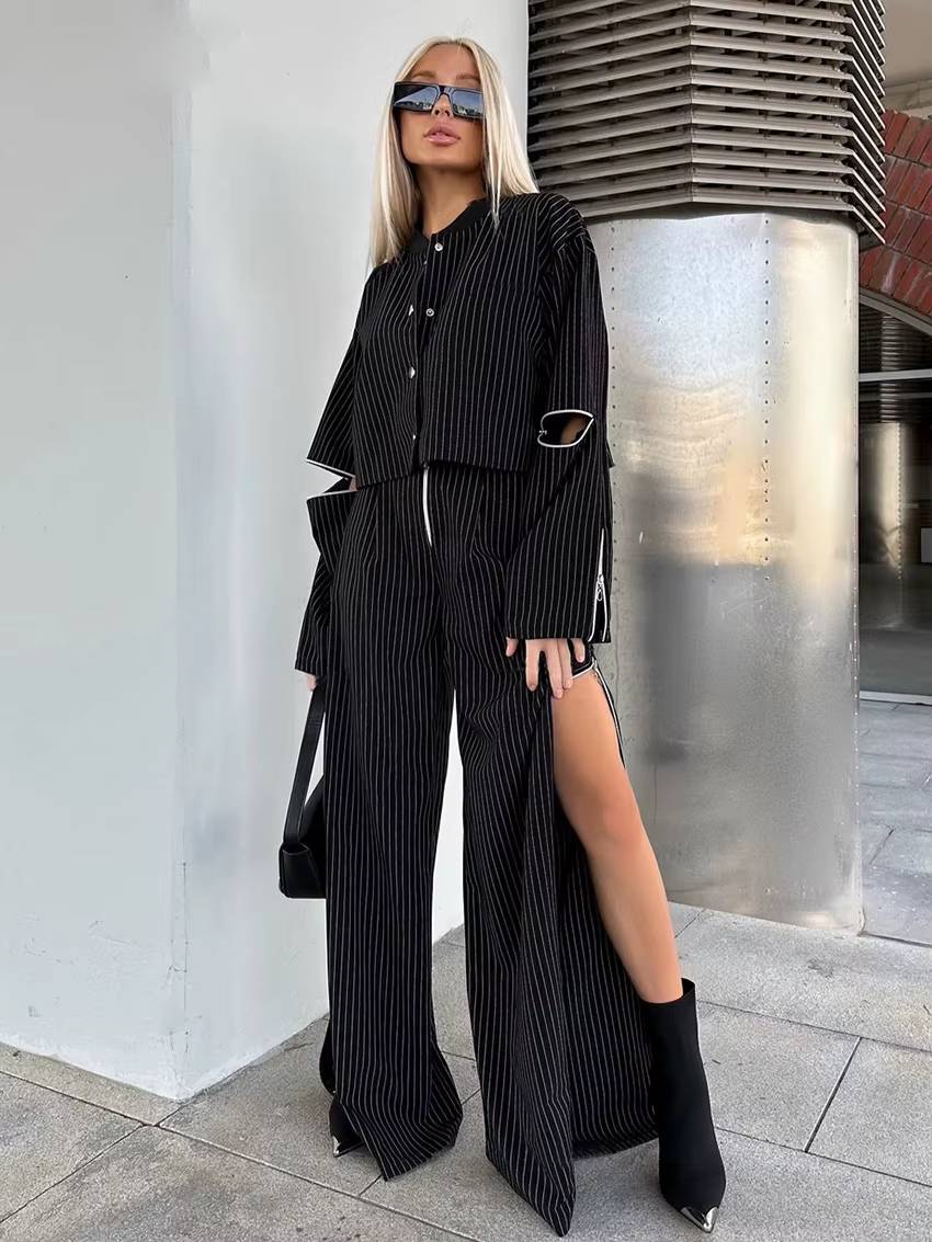 Elegant Crop Top With High Waist Slit Wide Pants Loose Stripe Print Two Pieces Set Mssza