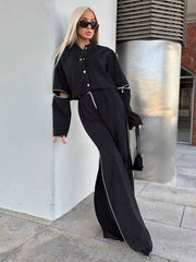 Elegant Crop Top With High Waist Slit Wide Pants Loose Stripe Print Two Pieces Set Mssza