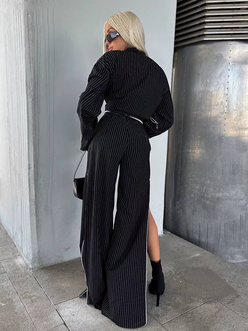 Elegant Crop Top With High Waist Slit Wide Pants Loose Stripe Print Two Pieces Set Mssza