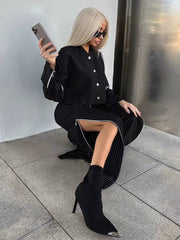 Elegant Crop Top With High Waist Slit Wide Pants Loose Stripe Print Two Pieces Set Mssza