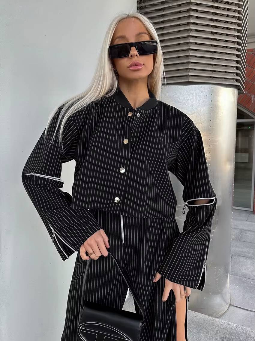 Elegant Crop Top With High Waist Slit Wide Pants Loose Stripe Print Two Pieces Set Mssza