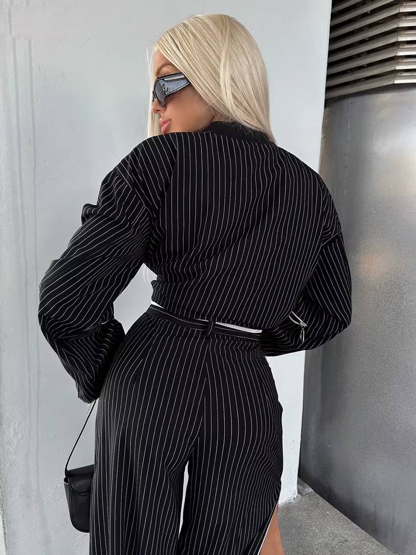Elegant Crop Top With High Waist Slit Wide Pants Loose Stripe Print Two Pieces Set Mssza