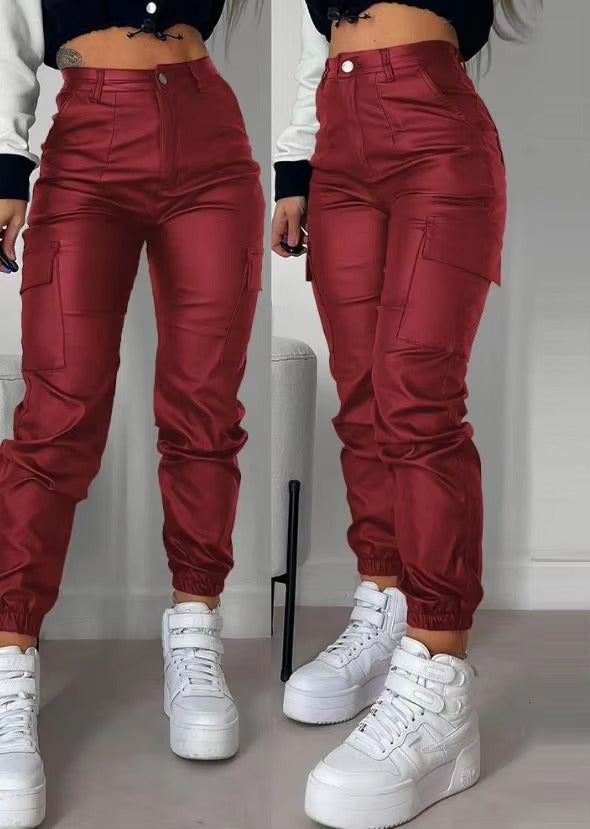 Elegant Cuffed Biker Gothic High Waist Party Straight Long Trousers Mssza