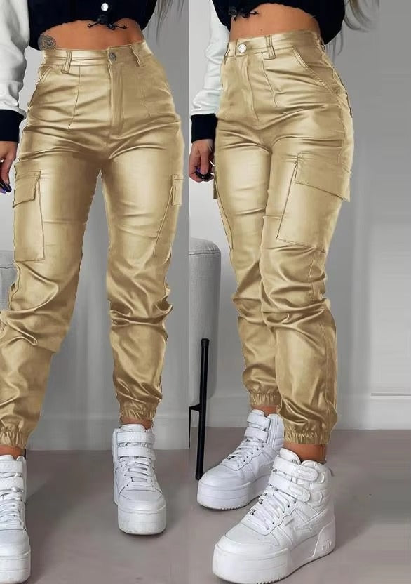 Elegant Cuffed Biker Gothic High Waist Party Straight Long Trousers Mssza