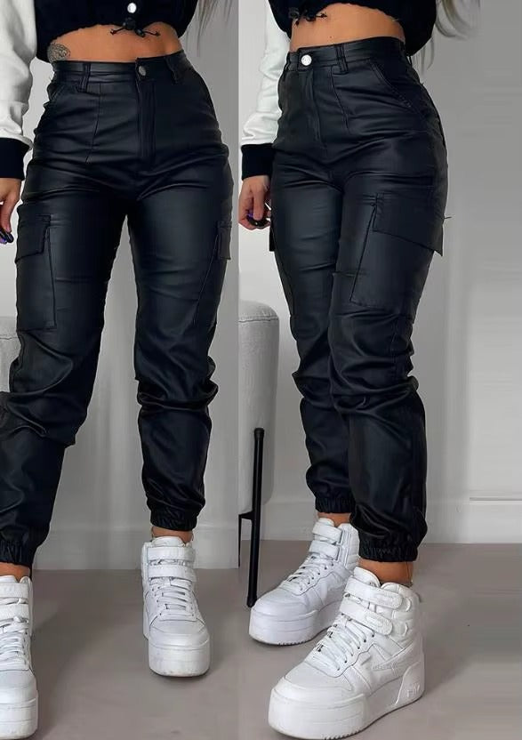 Elegant Cuffed Biker Gothic High Waist Party Straight Long Trousers Mssza
