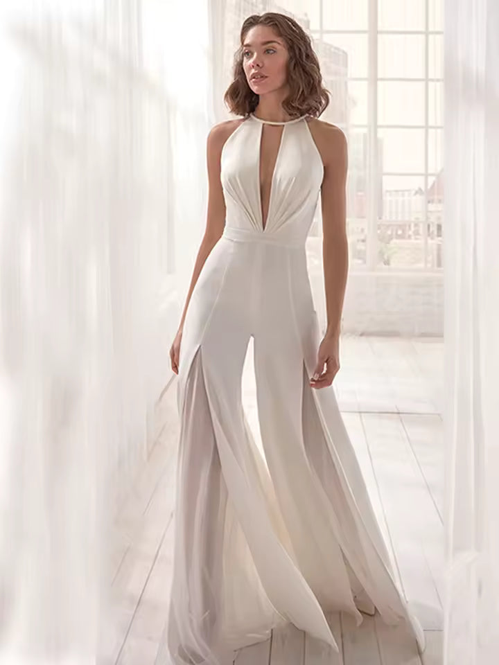 Elegant Deep V-neck Halter Sleeveless Backless Split Lace White Jumpsuit Mssza