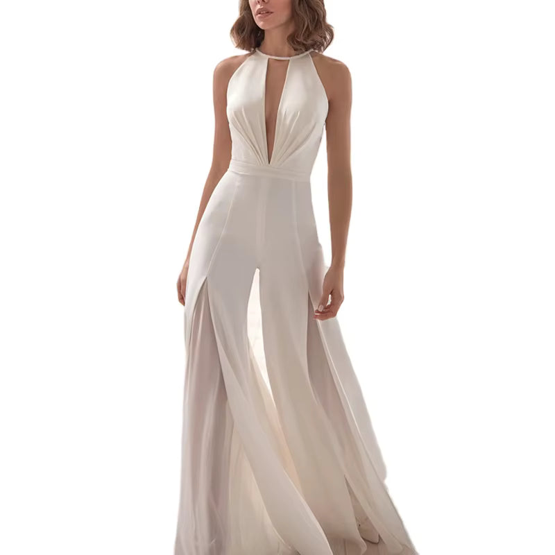 Elegant Deep V-neck Halter Sleeveless Backless Split Lace White Jumpsuit Mssza