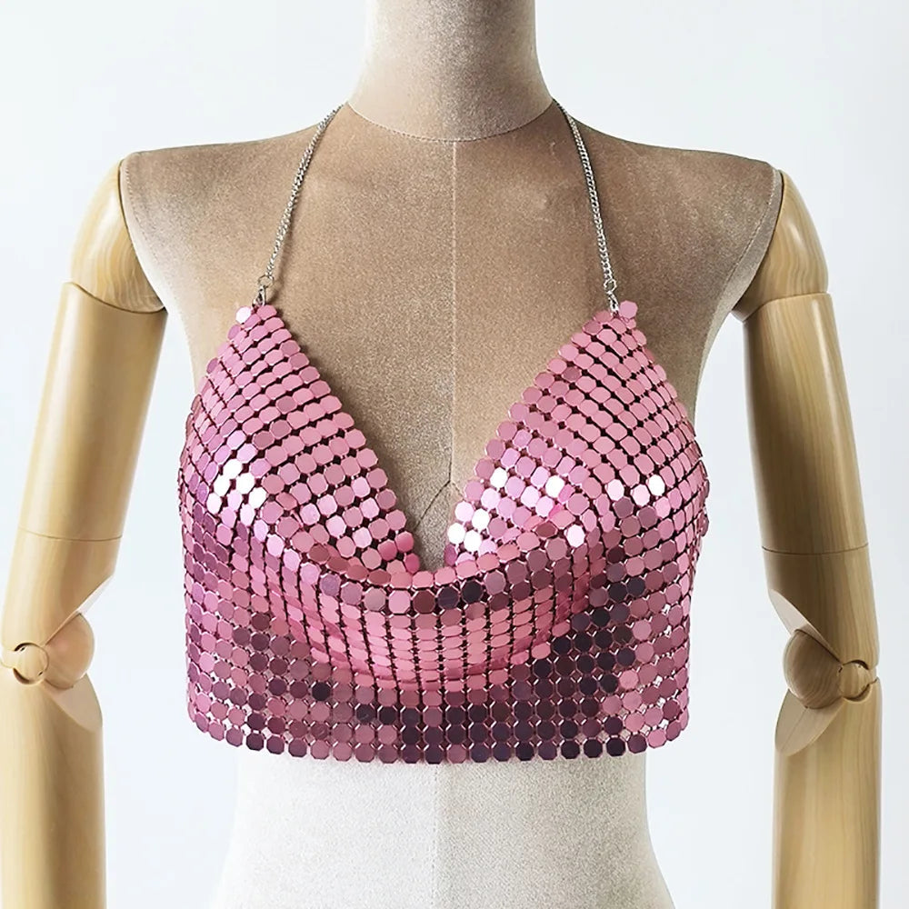 Elegant Deep V-neck Metal Sequins Backless Party Crop Top Mssza