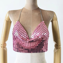 Elegant Deep V-neck Metal Sequins Backless Party Crop Top Mssza