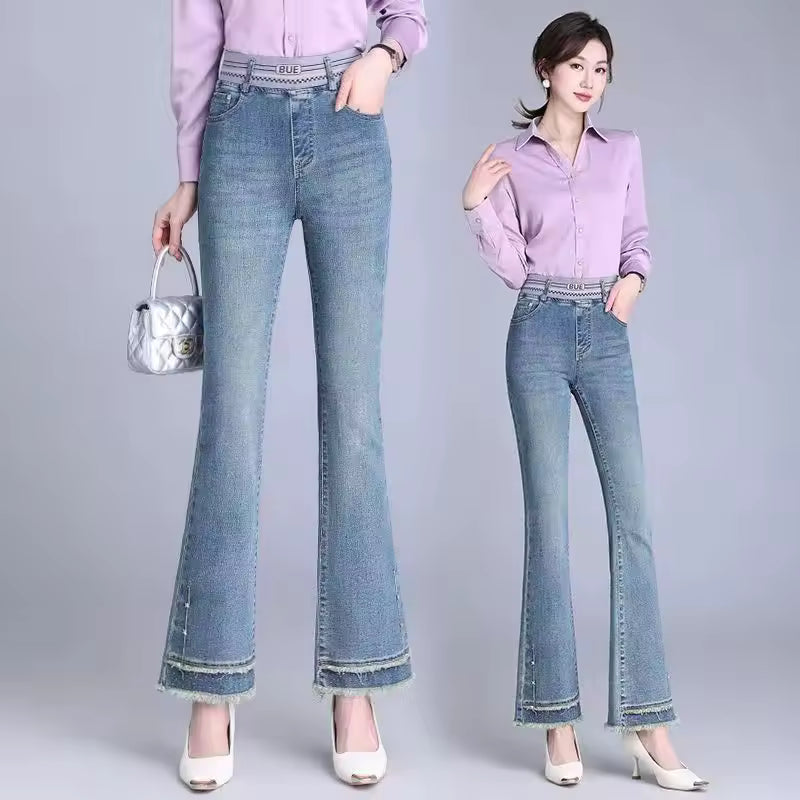 Elegant Denim Flare Elastic Band Flash Office Lady Washed Pants Mssza