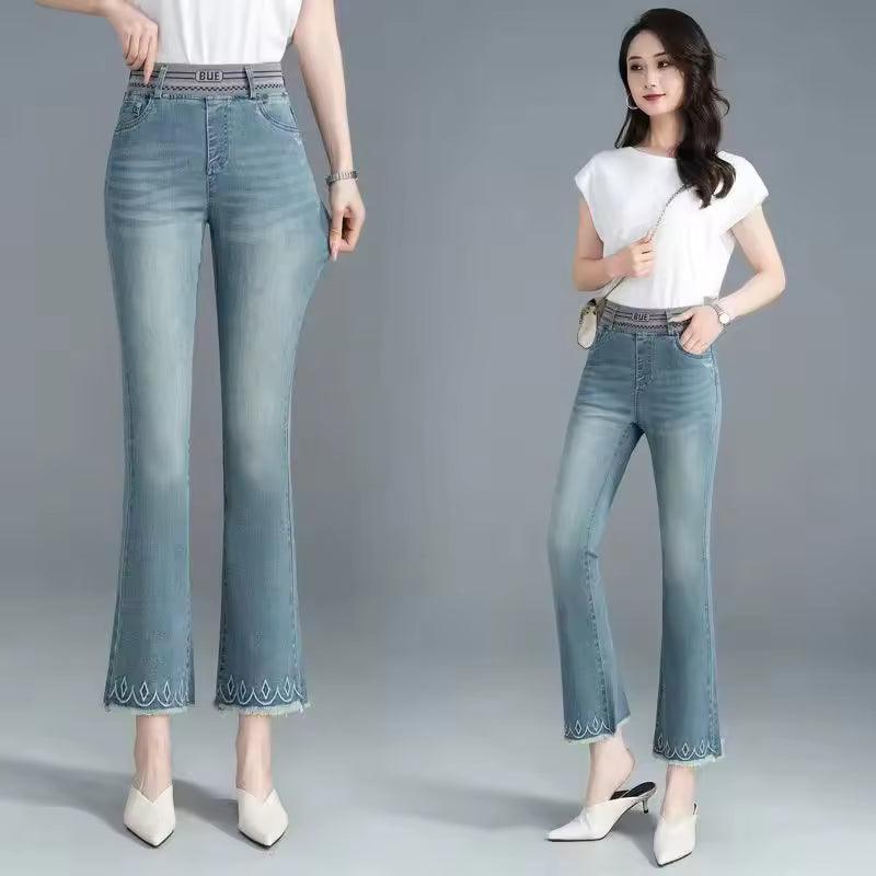 Casual Flare button fly Elastic Band Flash Office Lady Washed Pants Mssza