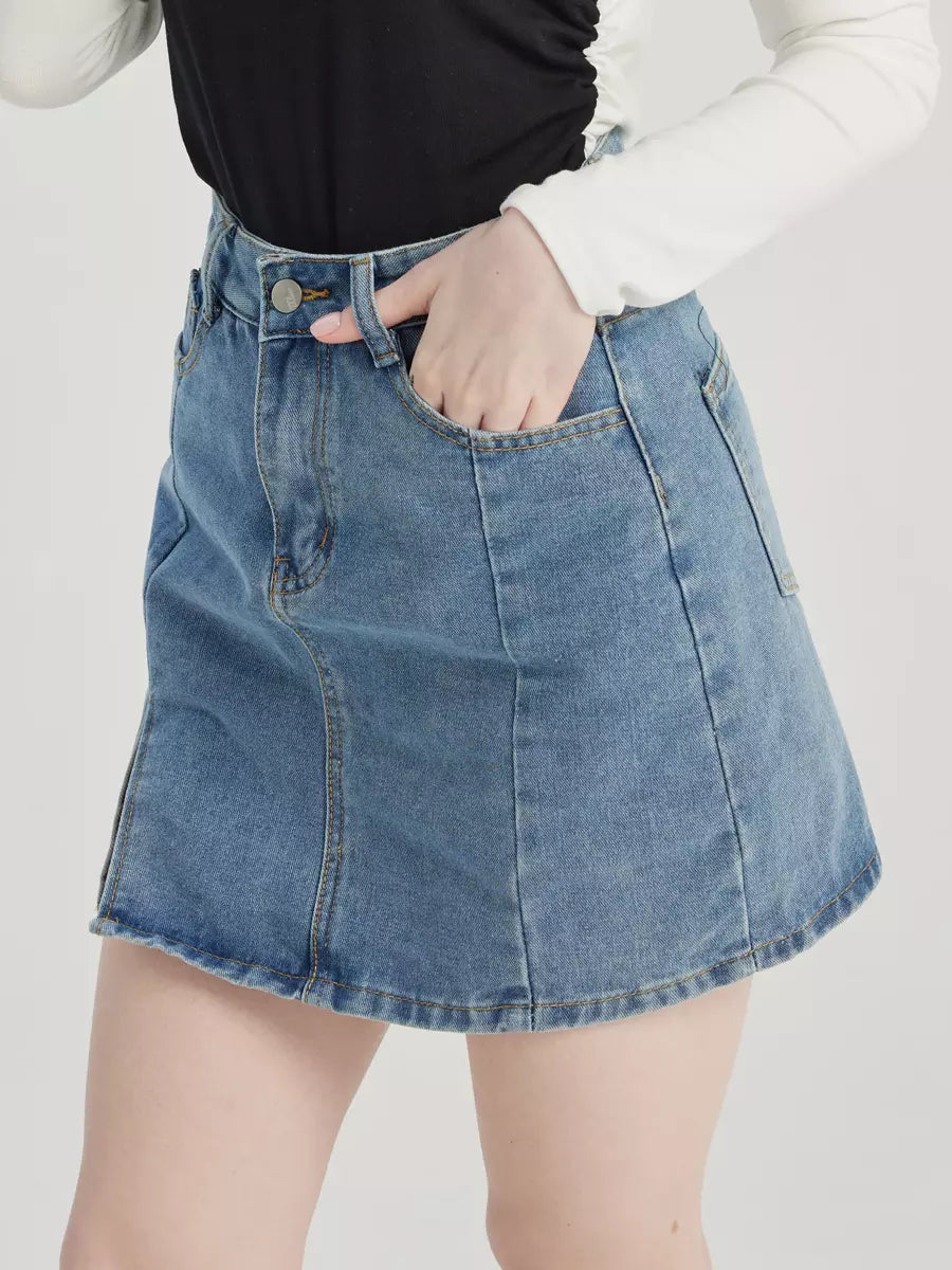Elegant Denim Short Skirt Solid Color Slit Mini Skirt Mssza