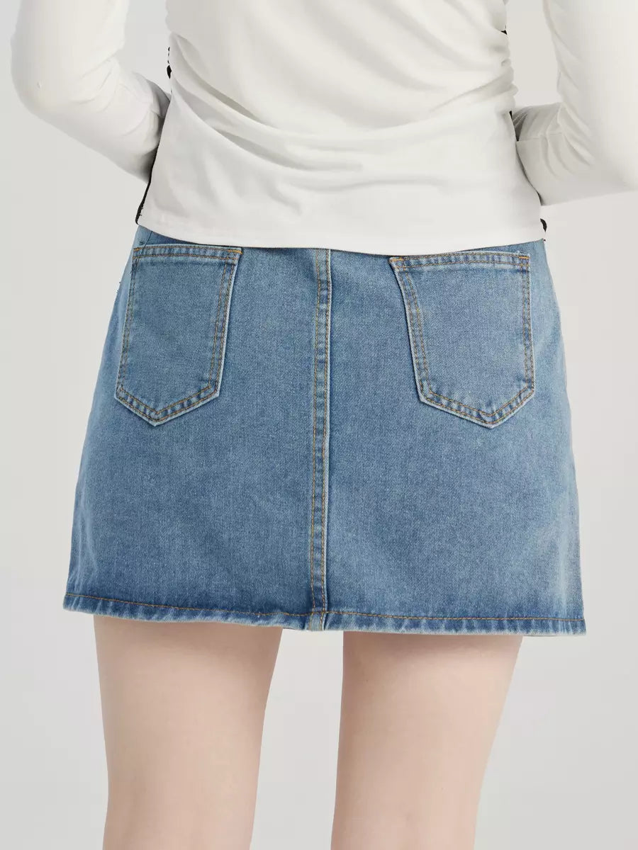 Elegant Denim Short Skirt Solid Color Slit Mini Skirt Mssza