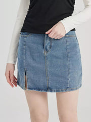 Elegant Denim Short Skirt Solid Color Slit Mini Skirt Mssza