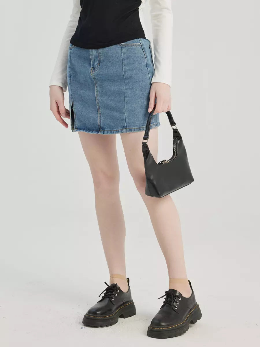 Elegant Denim Short Skirt Solid Color Slit Mini Skirt Mssza