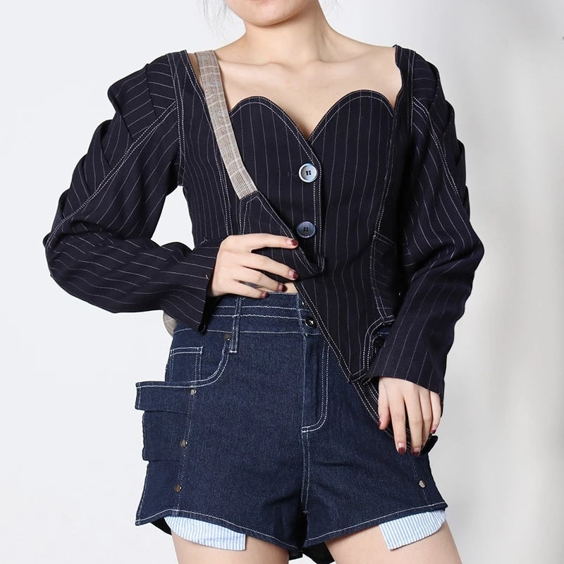 Elegant Denim Striped Puff Long Sleeve Coat Mssza