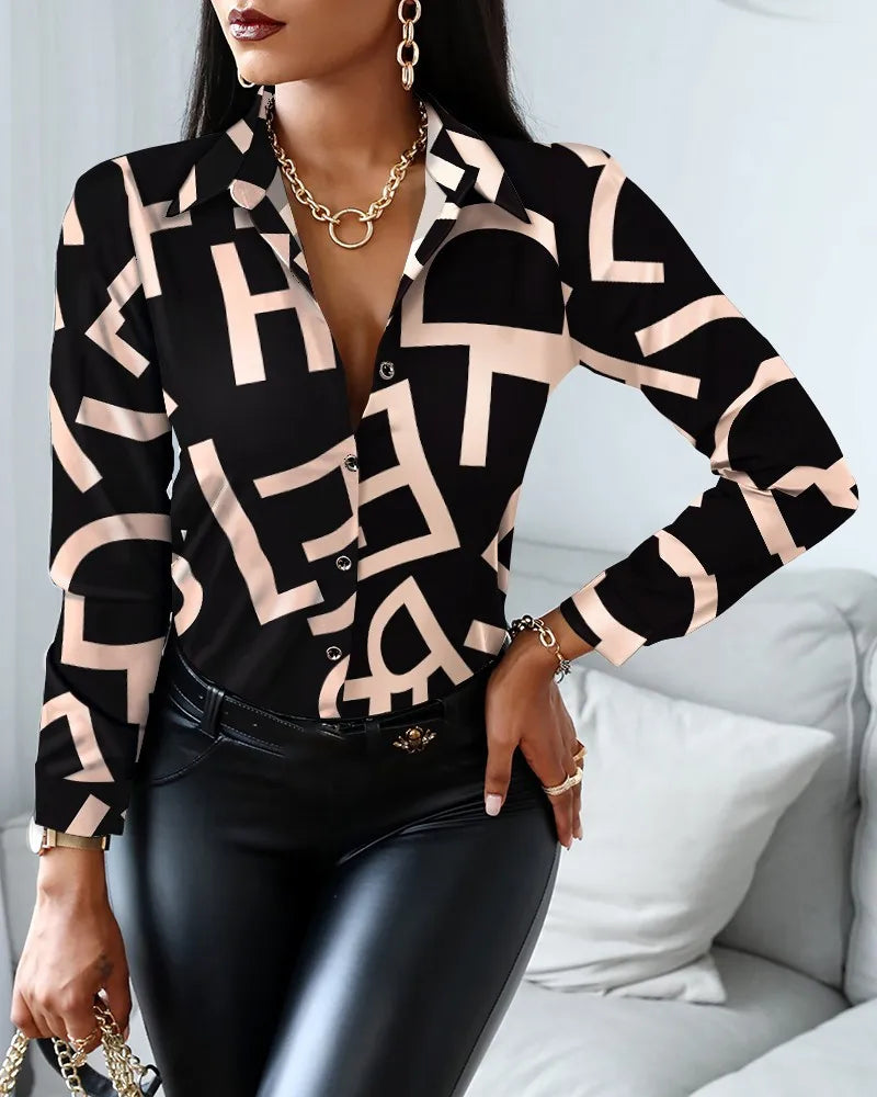 Elegant Digital Print Slim Fit Shirt Slight Stretch Office Outfit Mssza