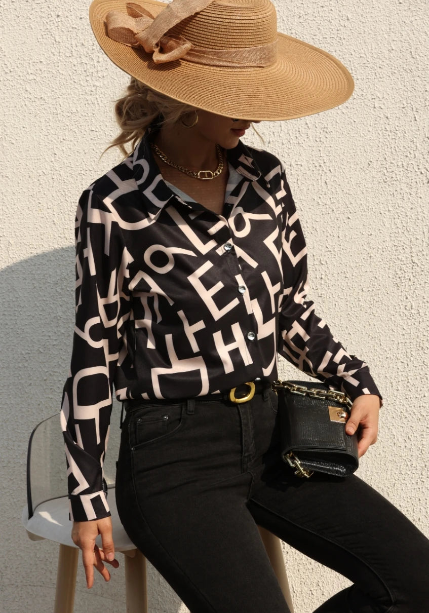 Elegant Digital Print Slim Fit Shirt Slight Stretch Office Outfit Mssza