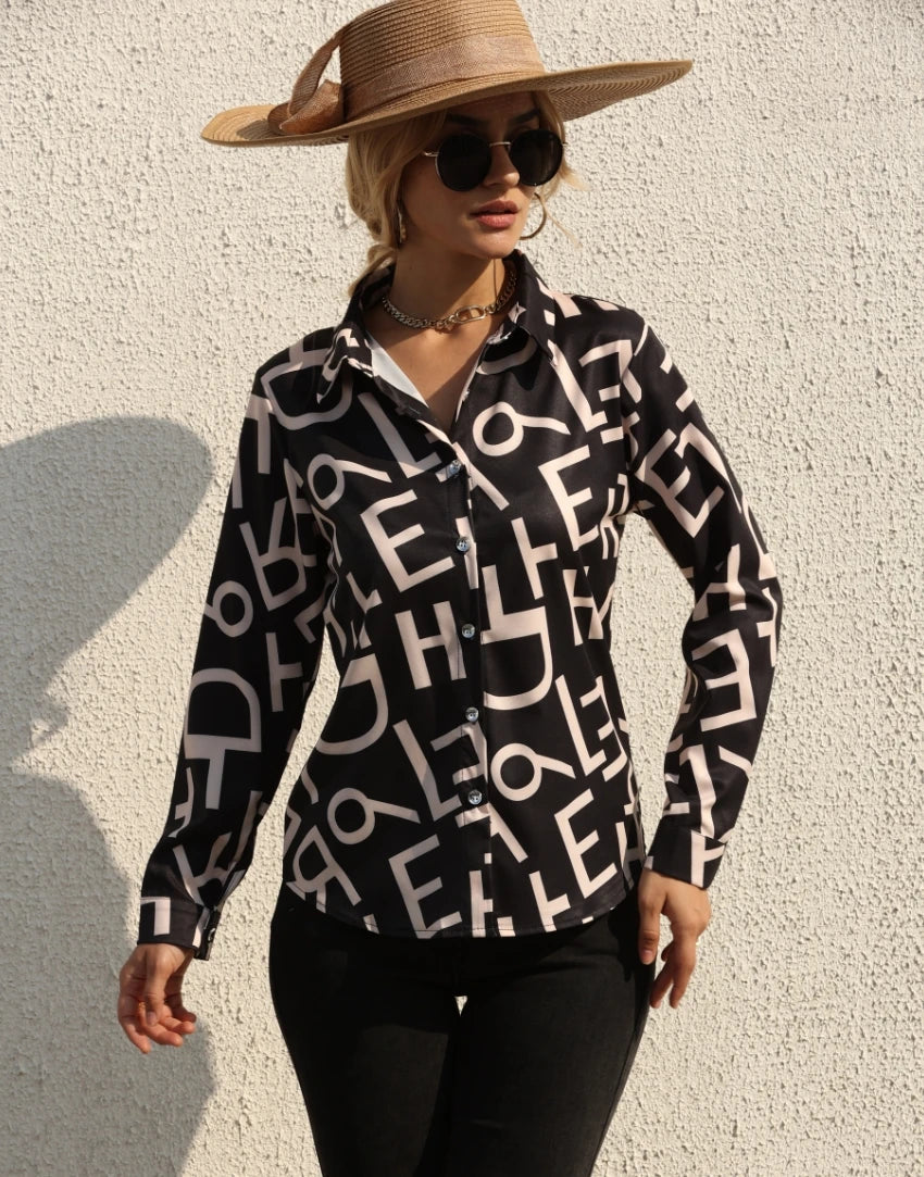 Elegant Digital Print Slim Fit Shirt Slight Stretch Office Outfit Mssza
