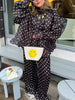 Elegant Dot Print Loose Satin Wide Leg Pants And Ruffles Buttons Shirt Mssza