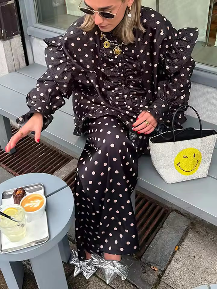 Elegant Dot Print Loose Satin Wide Leg Pants And Ruffles Buttons Shirt Mssza