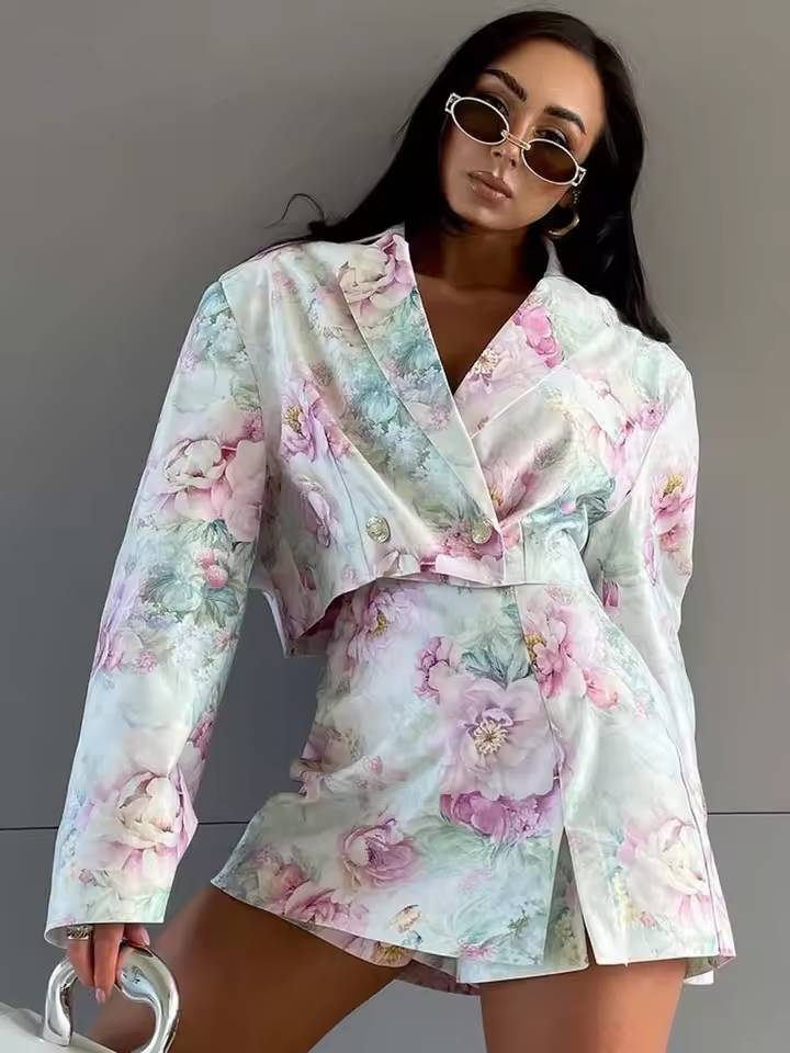 Elegant Double Breasted Crop Shirts And Side Slit Mini Skirts Print 2 Piece Set Mssza