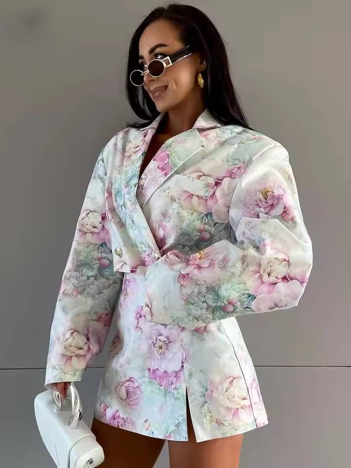 Elegant Double Breasted Crop Shirts And Side Slit Mini Skirts Print 2 Piece Set Mssza