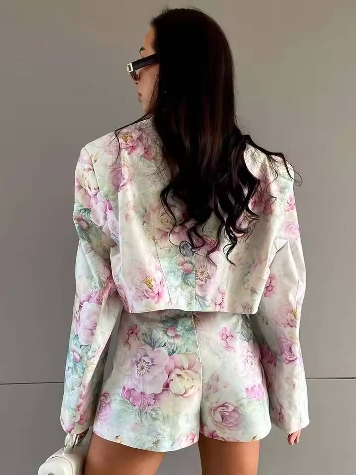 Elegant Double Breasted Crop Shirts And Side Slit Mini Skirts Print 2 Piece Set Mssza
