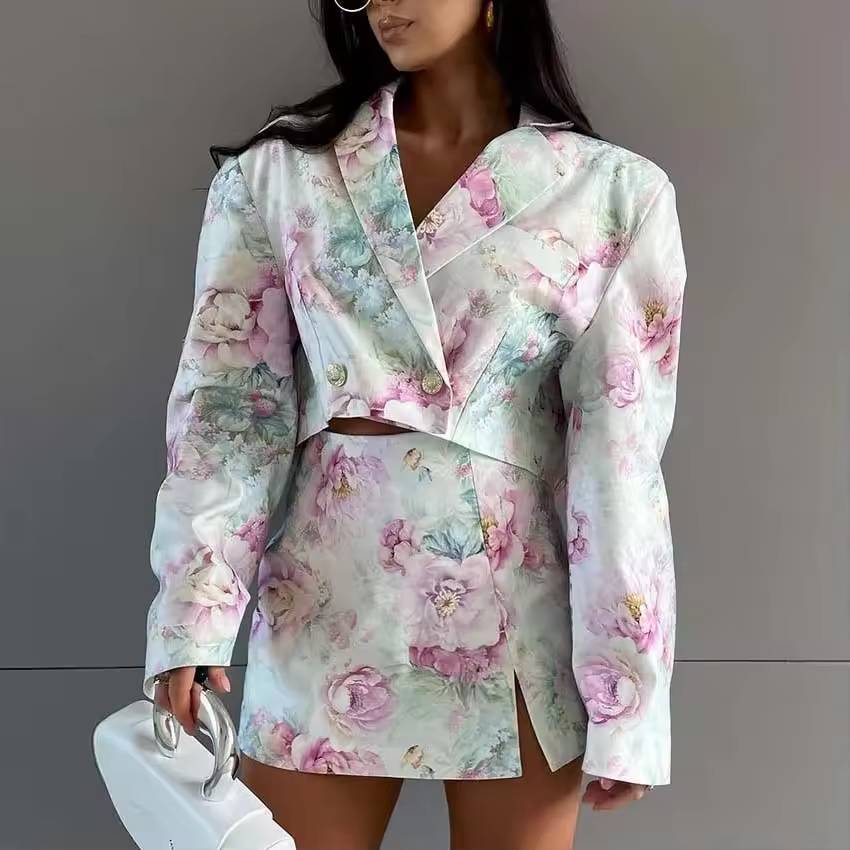 Elegant Double Breasted Crop Shirts And Side Slit Mini Skirts Print 2 Piece Set Mssza