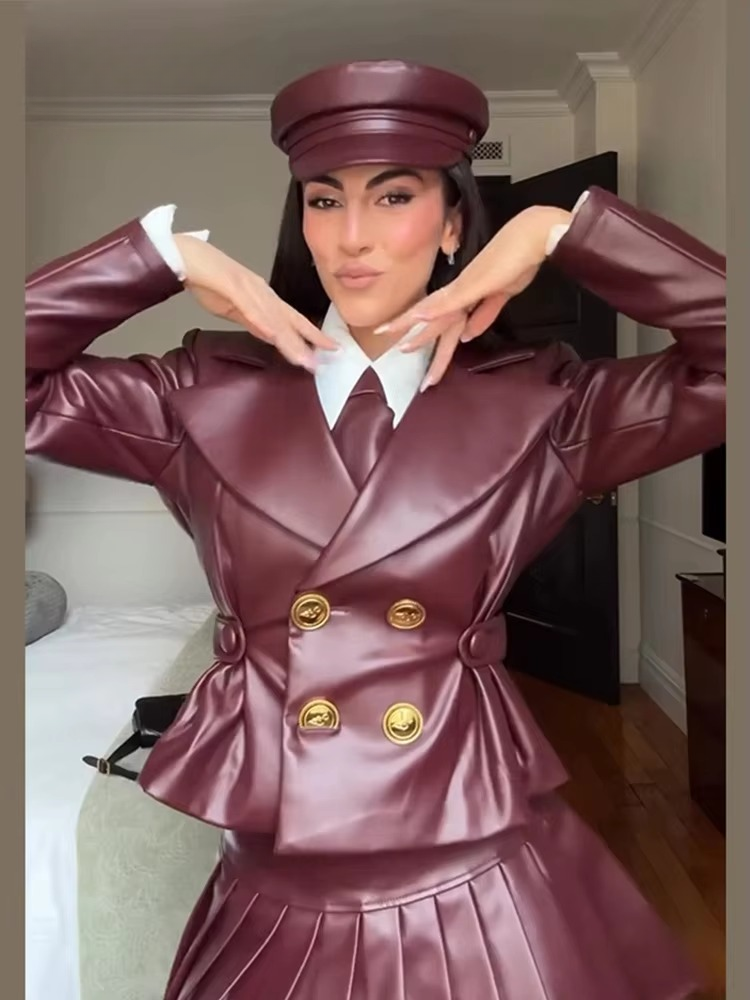 Elegant Double Breasted Leather Lapel Chic Slim Jacket Mini Skirts Set Mssza