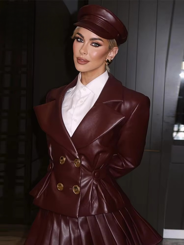 Elegant Double Breasted Leather Lapel Chic Slim Jacket Mini Skirts Set Mssza
