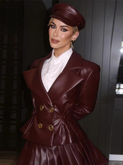 Elegant Double Breasted Leather Lapel Chic Slim Jacket Mini Skirts Set Mssza