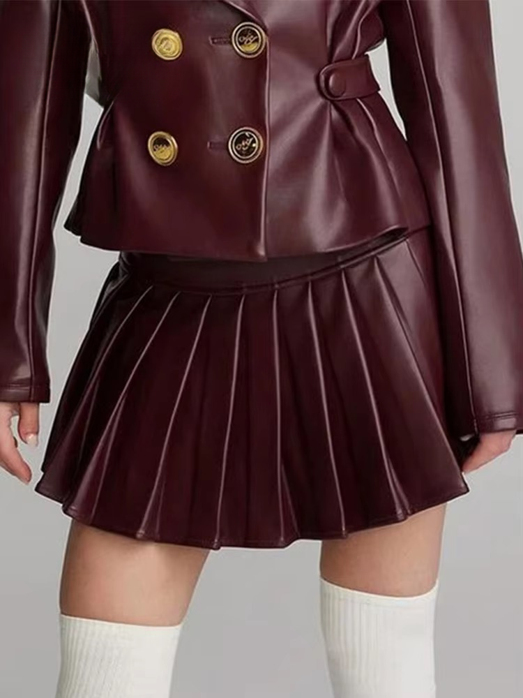 Elegant Double Breasted Leather Lapel Chic Slim Jacket Mini Skirts Set Mssza