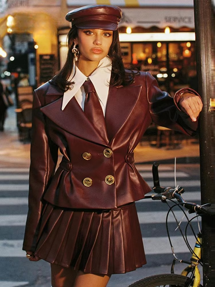 Elegant Double Breasted Leather Lapel Chic Slim Jacket Mini Skirts Set Mssza