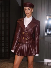 Elegant Double Breasted Leather Lapel Chic Slim Jacket Mini Skirts Set Mssza