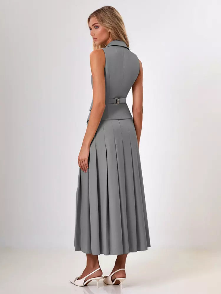 Elegant Double-breasted Lapel Vest And Pleated Long Skirt Two Piece Set Mssza