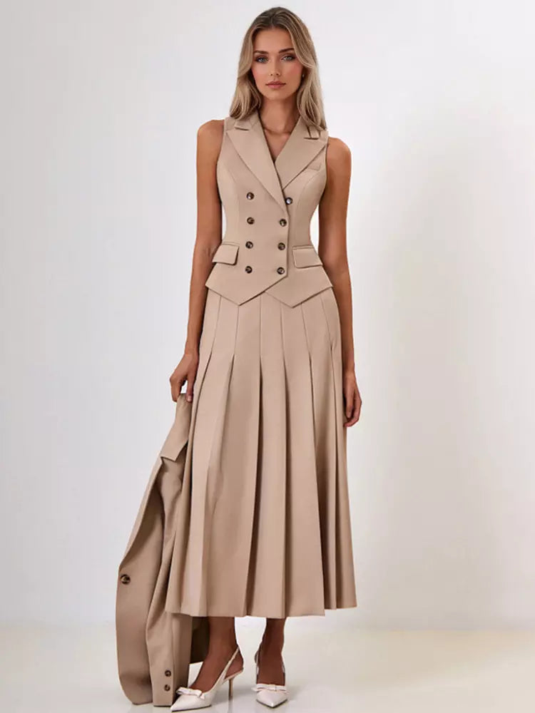Elegant Double-breasted Lapel Vest And Pleated Long Skirt Two Piece Set Mssza