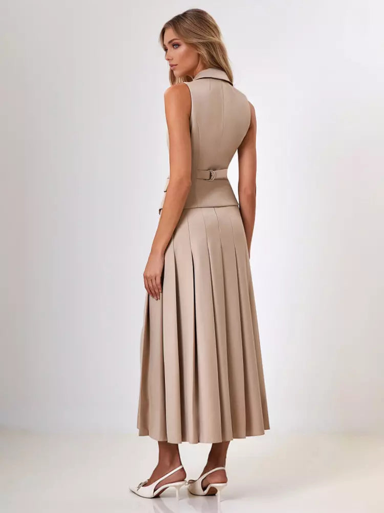 Elegant Double-breasted Lapel Vest And Pleated Long Skirt Two Piece Set Mssza