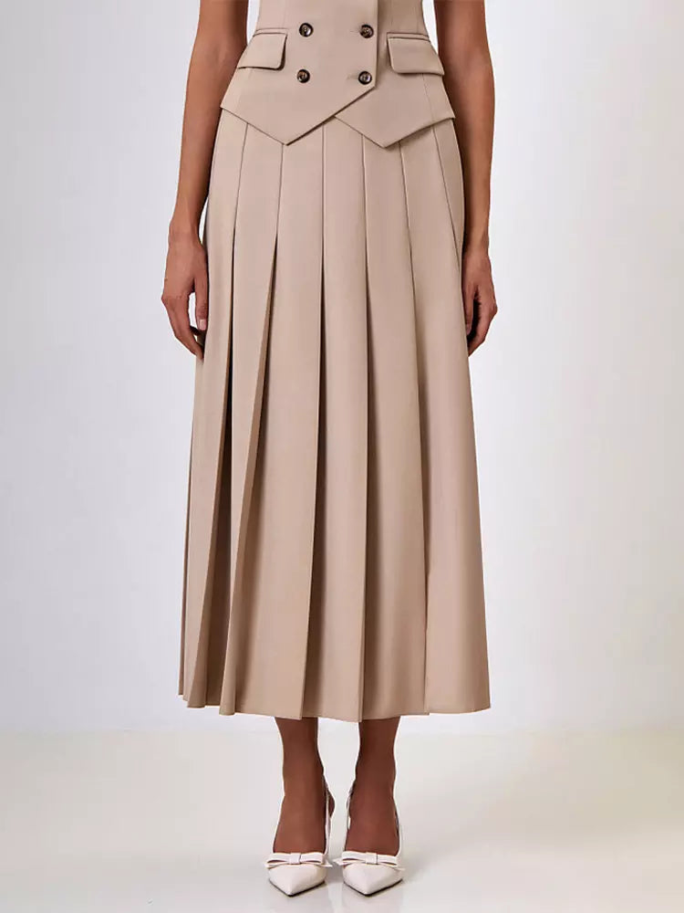 Elegant Double-breasted Lapel Vest And Pleated Long Skirt Two Piece Set Mssza