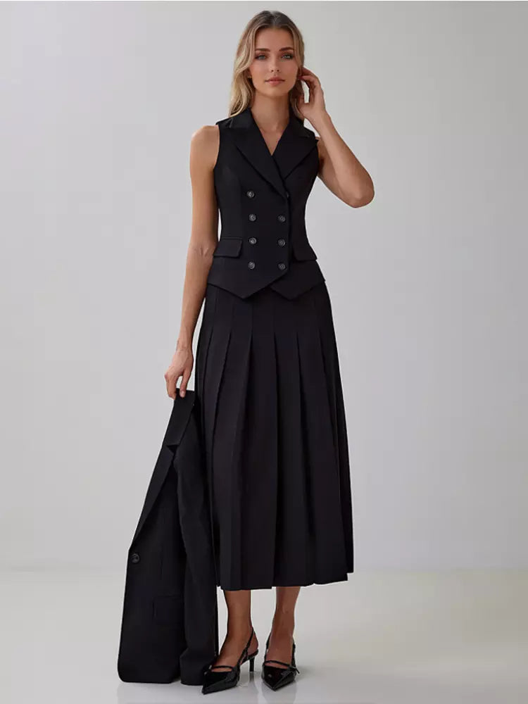 Elegant Double-breasted Lapel Vest And Pleated Long Skirt Two Piece Set Mssza