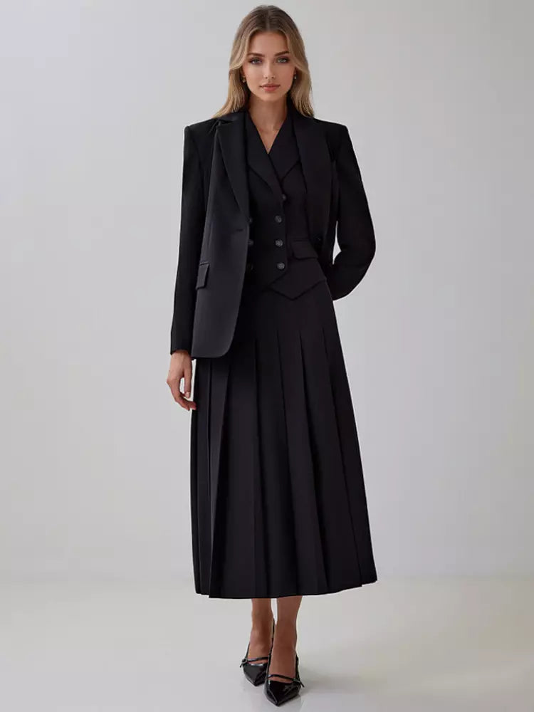 Elegant Double-breasted Lapel Vest And Pleated Long Skirt Two Piece Set Mssza