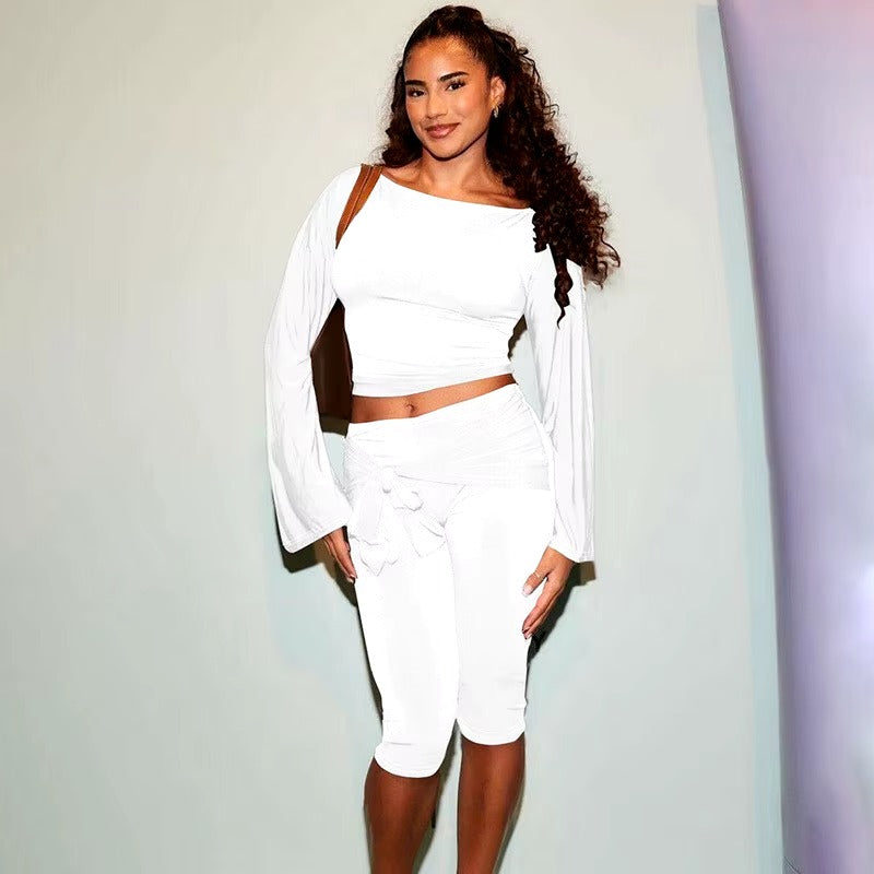 Elegant Draped Knee Length Pants Long Sleeve Tops 2 Piece Set Mssza